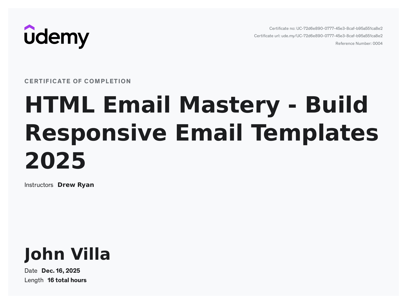 Certificate of completion for the HTML Email Mastery Course.