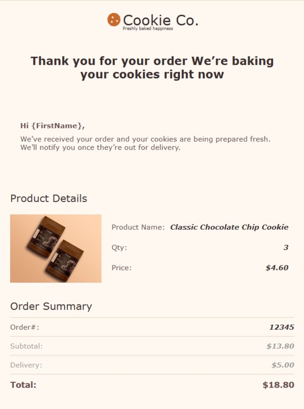 Cookie Co transactional HTML email project preview